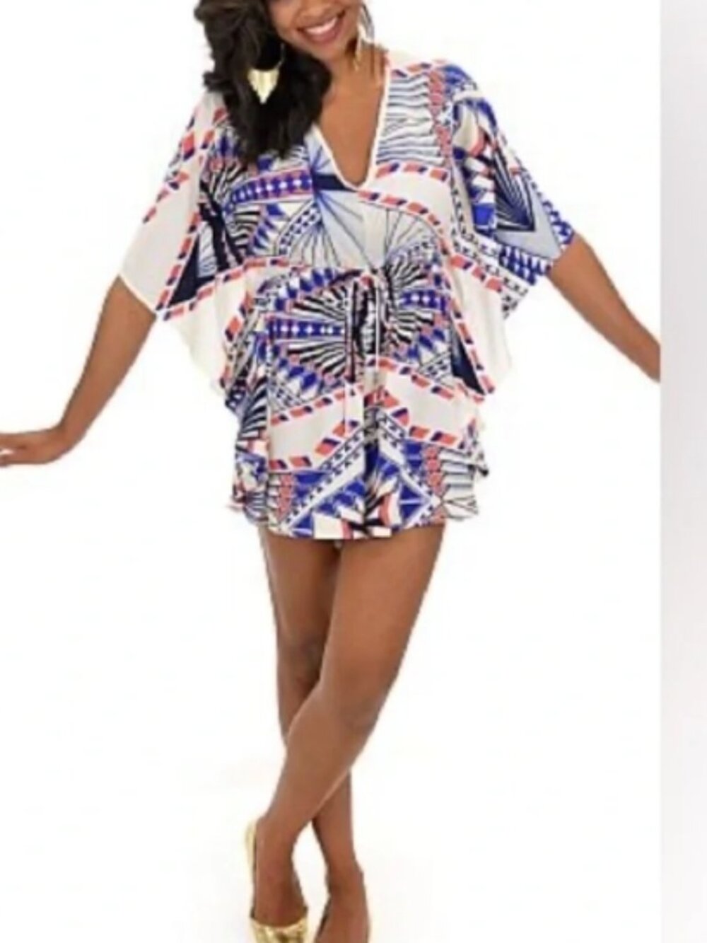 Black Bead Boho Geometric Kimono Sleeve Romper MEDIUM